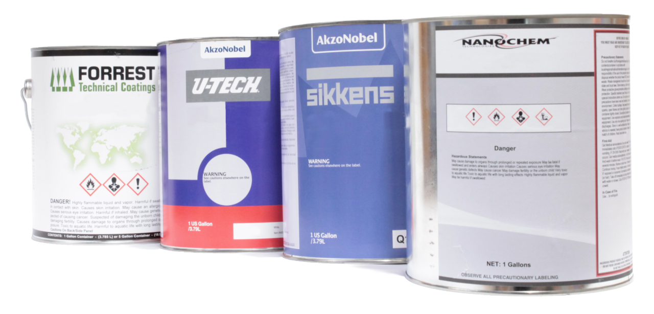 Cans of Forrest Techincal coatings, utech, sikkens, and nanochem coatings